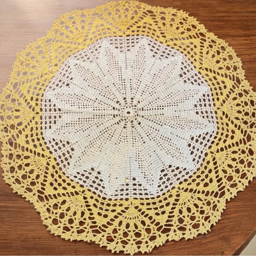 Vintage Yellow & White Doily Intricately Crocheted 28 1/2” Diameter